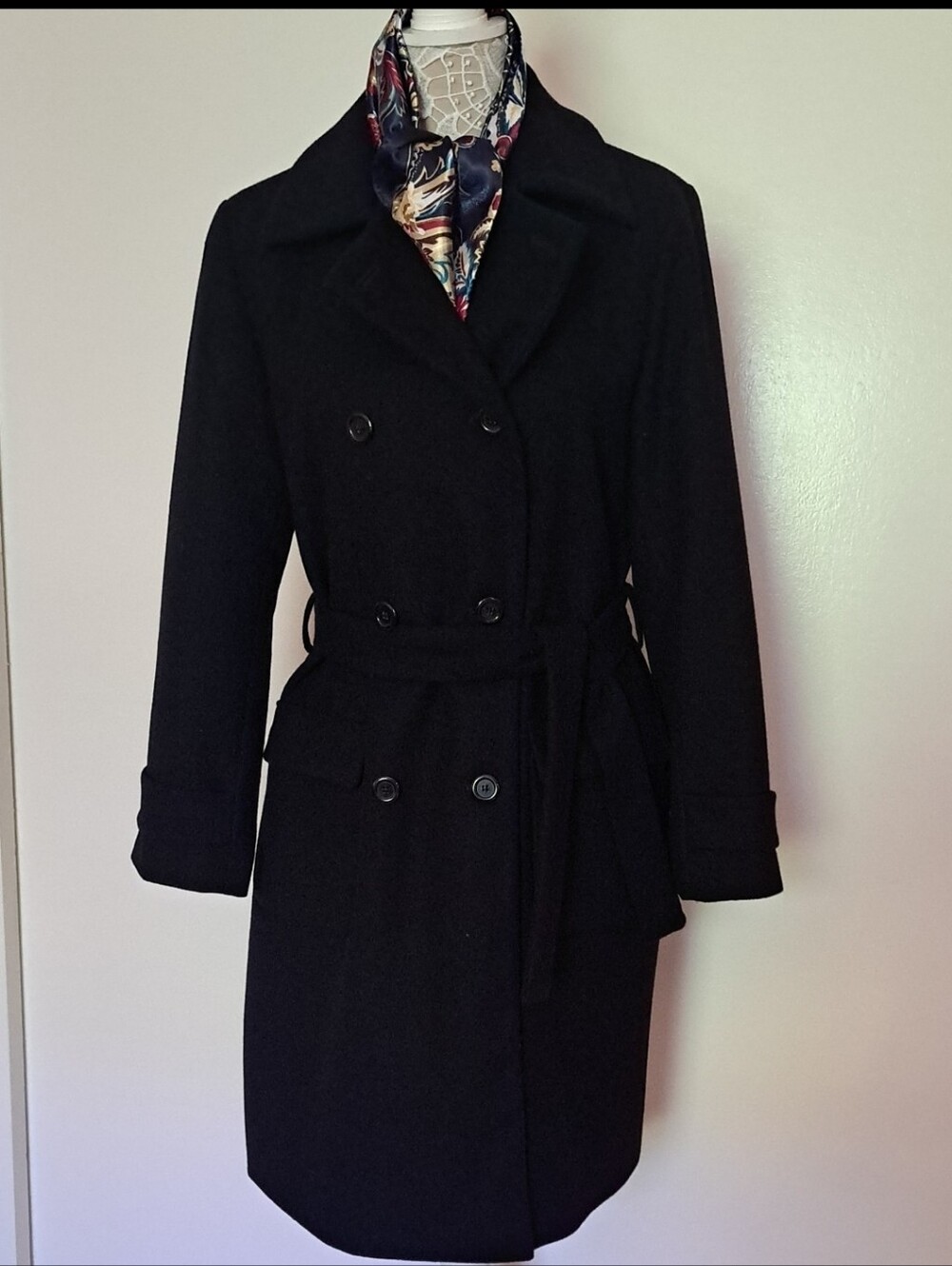Harve By Benard Black 100% Wool peacoat with Dark Satin Scarf.